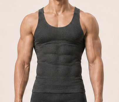 Close crop of Alex's chest, shoulders and arms.