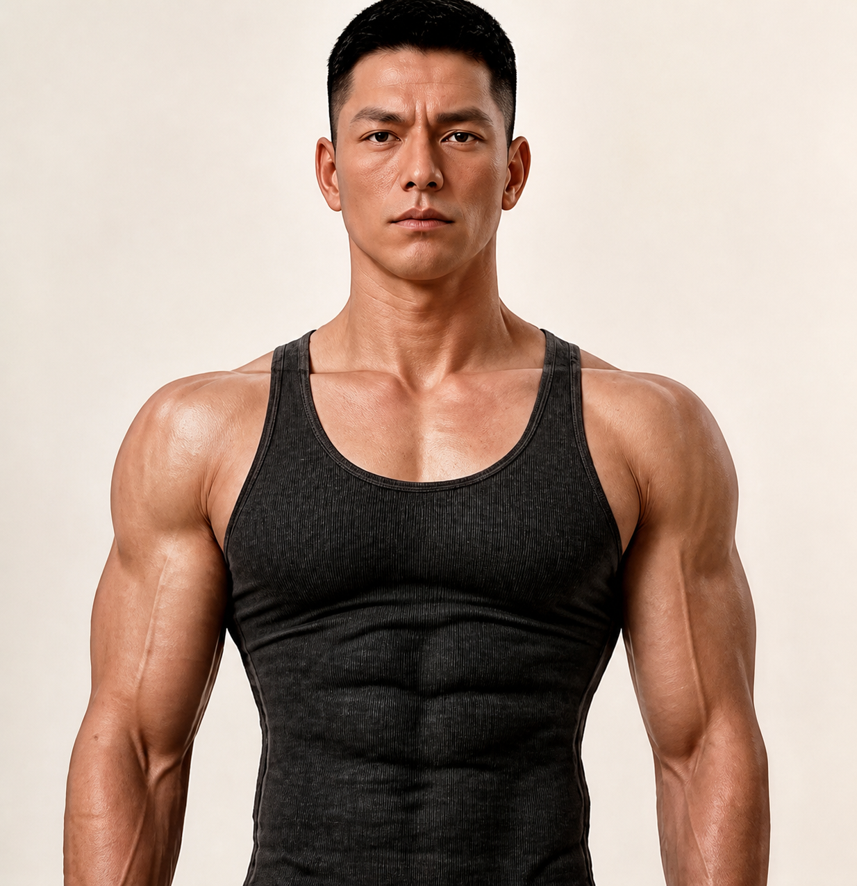 Close crop of Alex's chest, shoulders and arms.