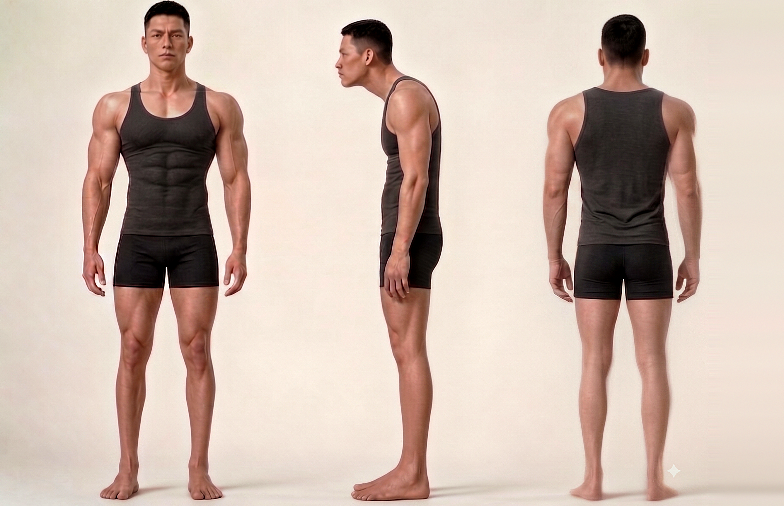 Alex shown from the front, side and back.