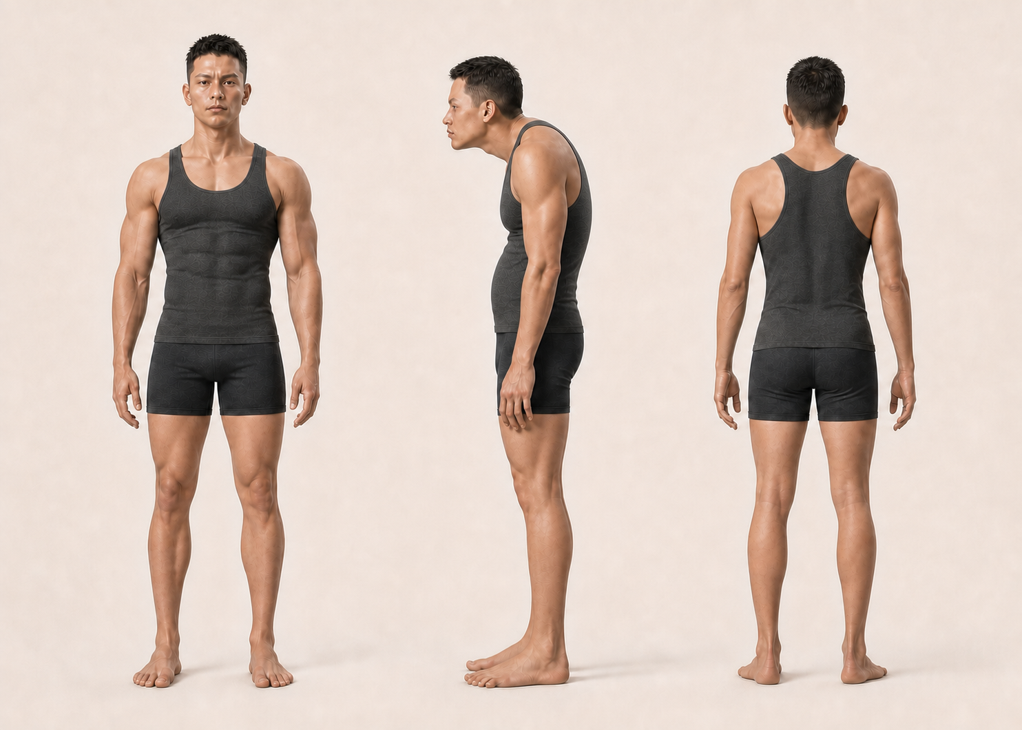 Alex, a fictional future fitness consumer, shown from the front, side and back.