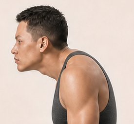 Close crop of Alex's side-profile head, neck and shoulder line.