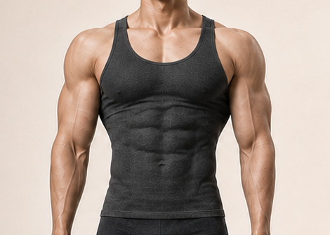 Close crop of Alex's chest, shoulders and arms.