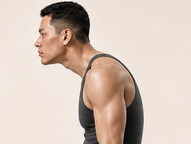 Close crop of Alex's side-profile head, neck and shoulder line.
