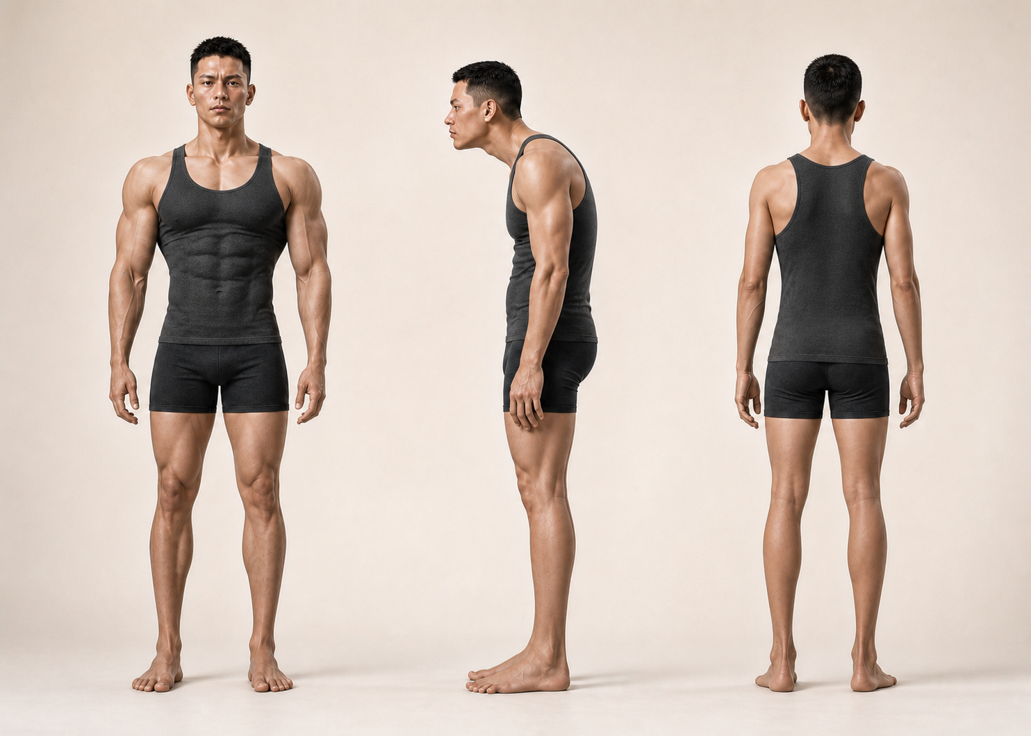 Alex shown from the front, side and back.