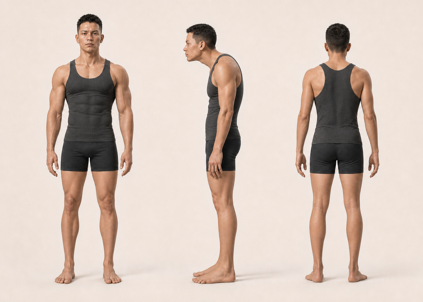 Alex, a fictional future fitness consumer, shown from the front, side and back.
